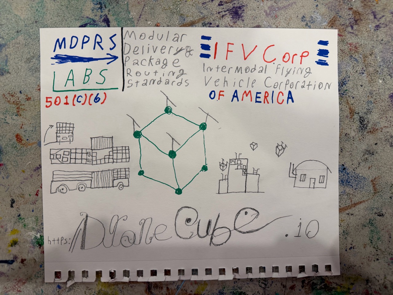 Original handwritten DroneCube sketch: MDPRS Labs, IFV Corp, a green drone cube, factories, a delivery vehicle, and a home.
